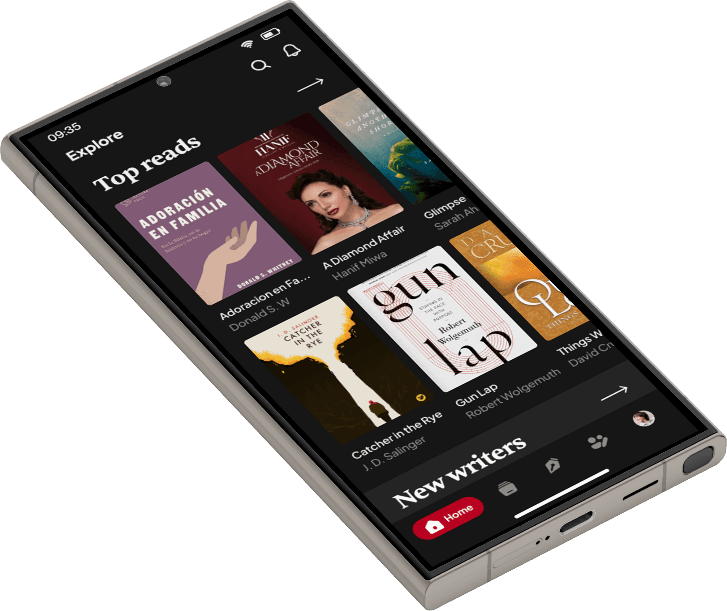 Scrivenn on Android in dark mode, showing the Explore screen with a Top reads shelf and a New writers row.