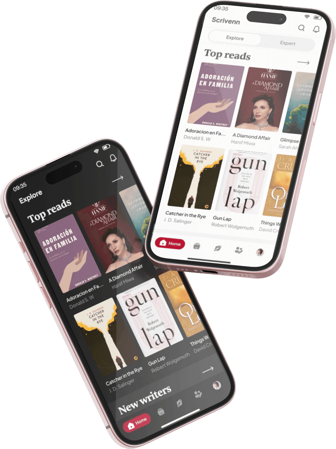 Two phones showing Scrivenn's Explore screen in light and dark mode, with a Top reads shelf of book covers.